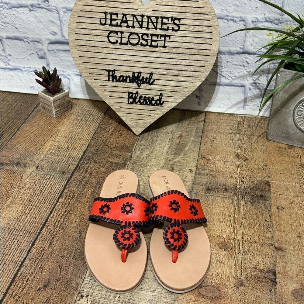 Jack Rogers- Leather Boating Sandals- Fire Red & Black- Women's 7